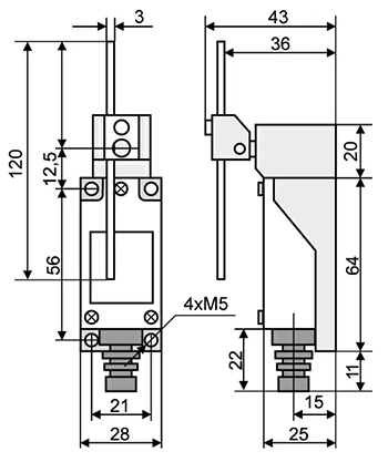 Габаритные и установочные размеры концевого выключателя МЕ-8107