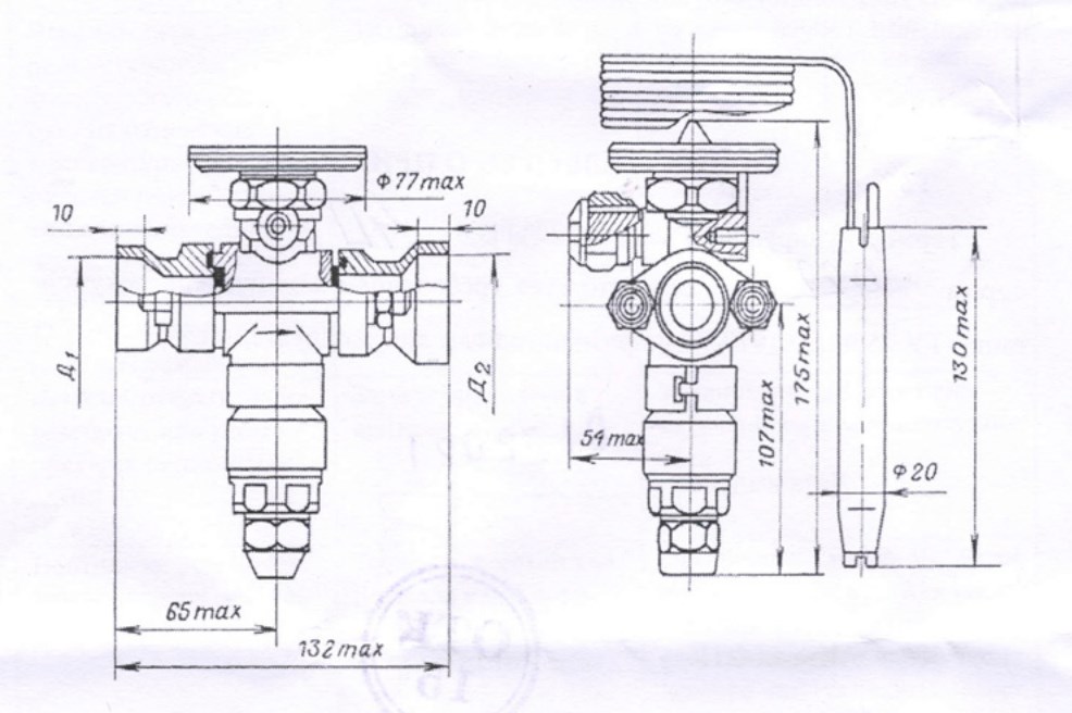 Схема габаритных размеров термовентиля 22ТРВ-40