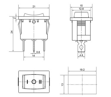 Схема присоединительных и габаритных размеров переключателя KCD1-2-103 B/B